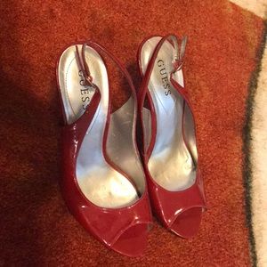 Guess red patent leather peep toe heels